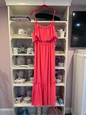 Lilly Pulitzer Coral Ruffle Spaghetti-Strap Maxi Dress